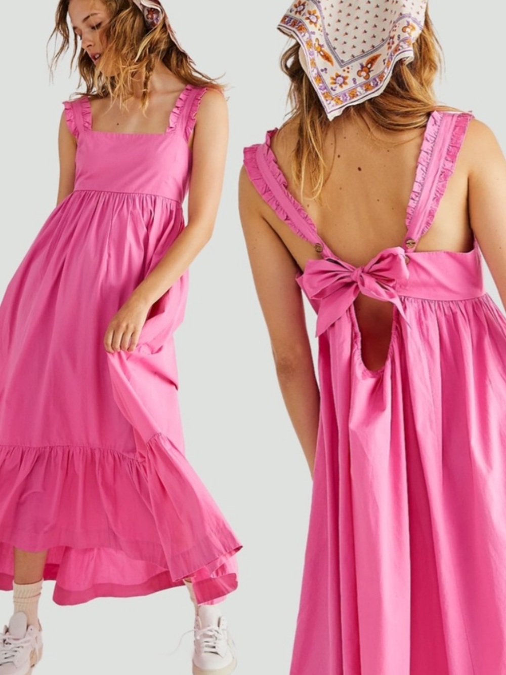 Free People Isabella Ruffle Maxi Dress Pink Medium Square Neck Pockets